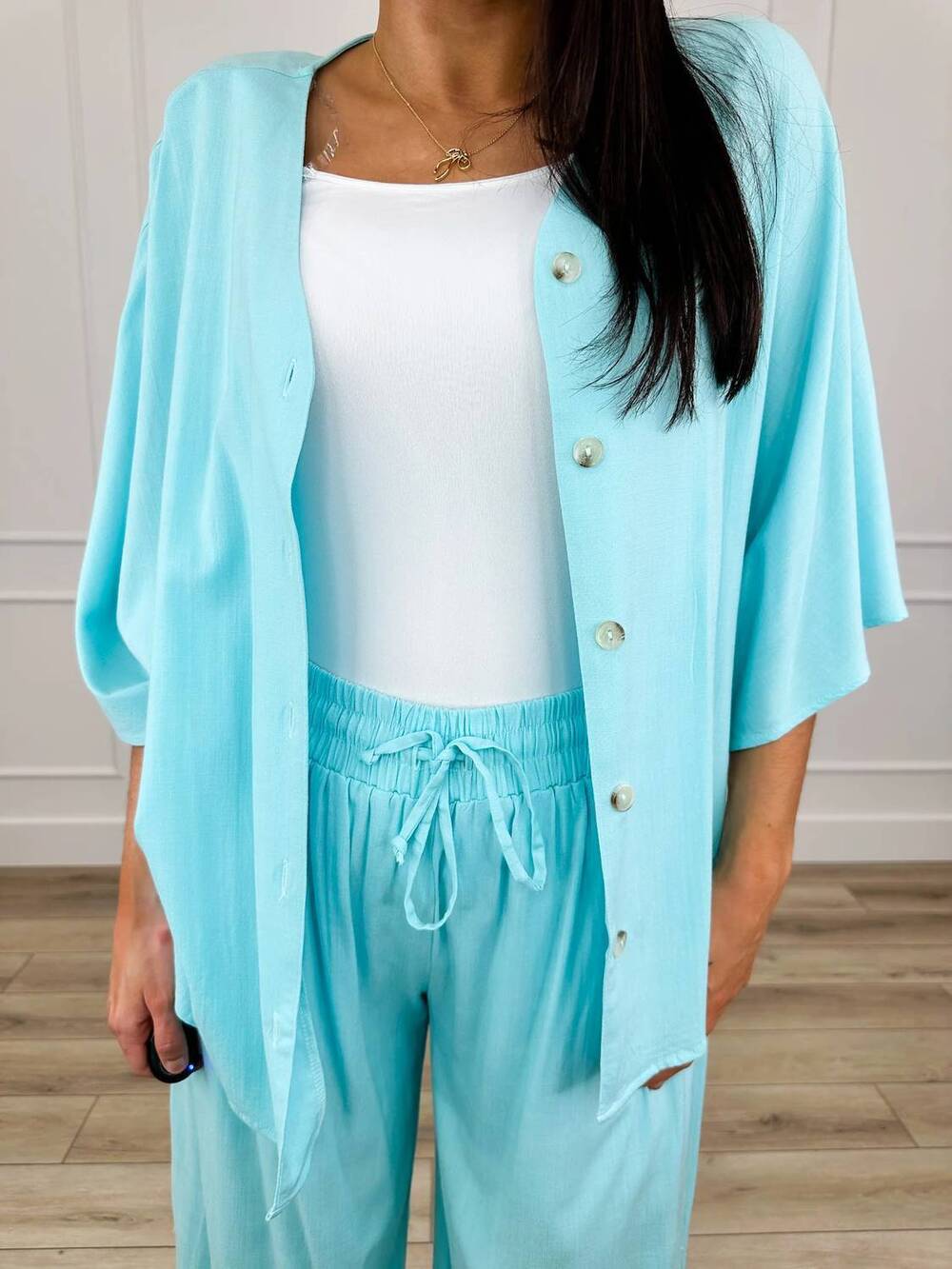 NEW DEAR SCARLETT daze high-rise rayon blend wide leg pant set in blue - Picture 2 of 4